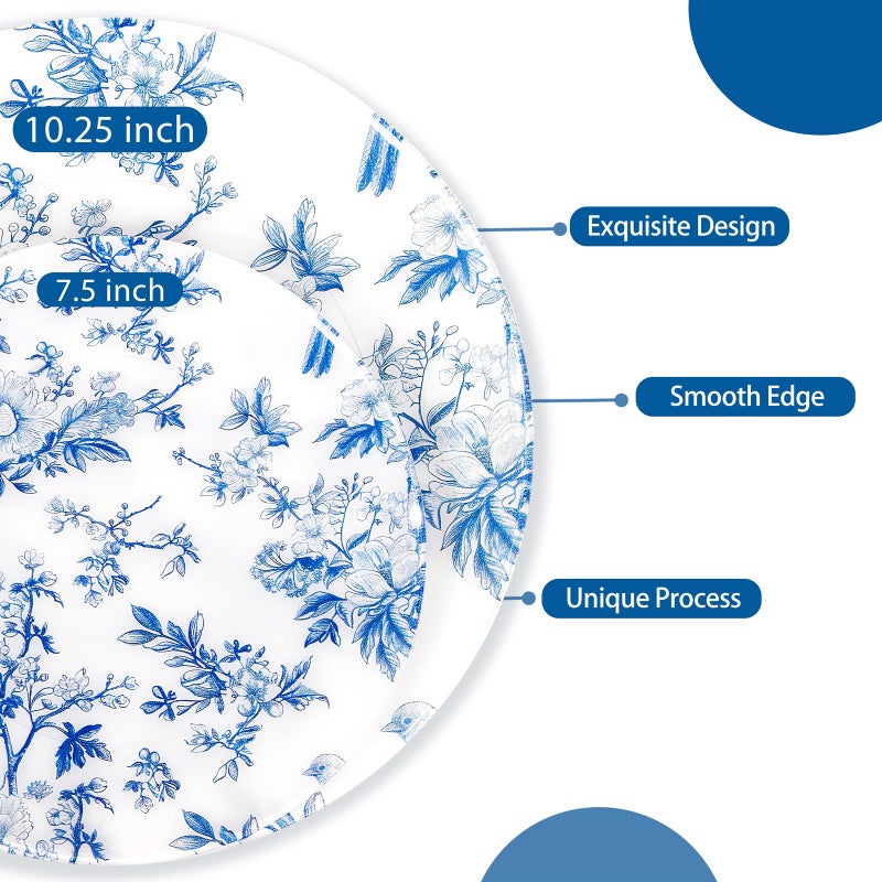 ejonirinjonir EI 60pcs Blue Plastic Plates Disposable Heavy Duty,Blue and White Floral Disposable Plates,10.25" Dinner & 7.5" Dessert Plate,Natural Fresh and Elegant Decorations for Birthdays/Tea Party/Wedding - Image 2