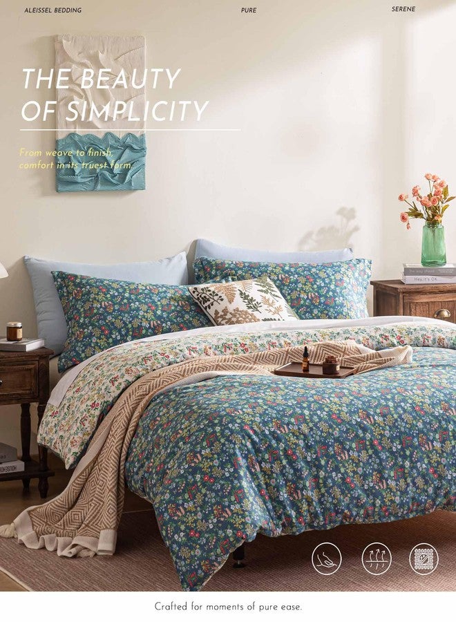 ALEISSEL Cotton Floral Comforter Queen Size - 3PC Lightweight Bedding Sets with Ultra-Soft Alternative Fill, Luxrious Reversible Design with Vibrant Floral Pattern, Deep Slate Blue & White Options - Image 2