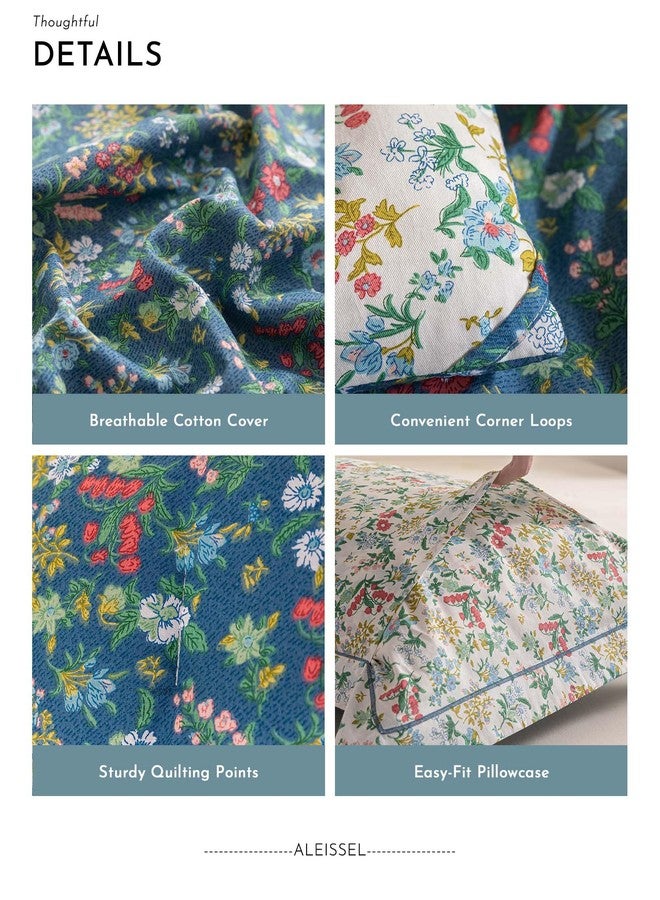 ALEISSEL Cotton Floral Comforter Queen Size - 3PC Lightweight Bedding Sets with Ultra-Soft Alternative Fill, Luxrious Reversible Design with Vibrant Floral Pattern, Deep Slate Blue & White Options - Image 5