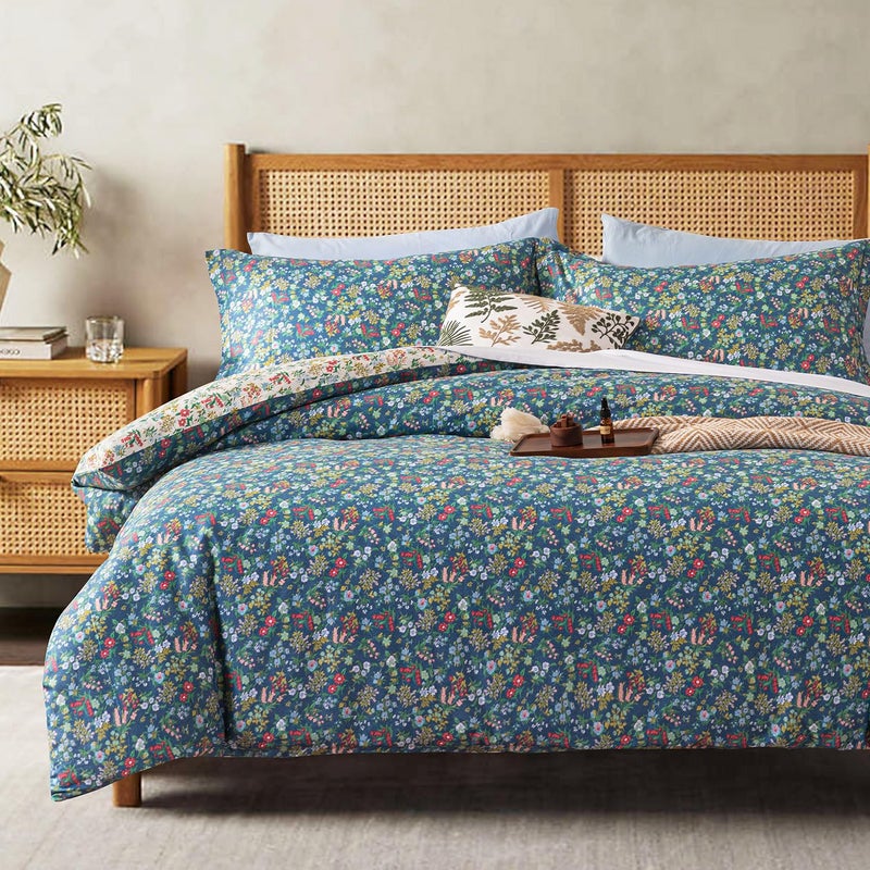 ALEISSEL Cotton Floral Comforter Queen Size - 3PC Lightweight Bedding Sets with Ultra-Soft Alternative Fill, Luxrious Reversible Design with Vibrant Floral Pattern, Deep Slate Blue & White Options - Image 1