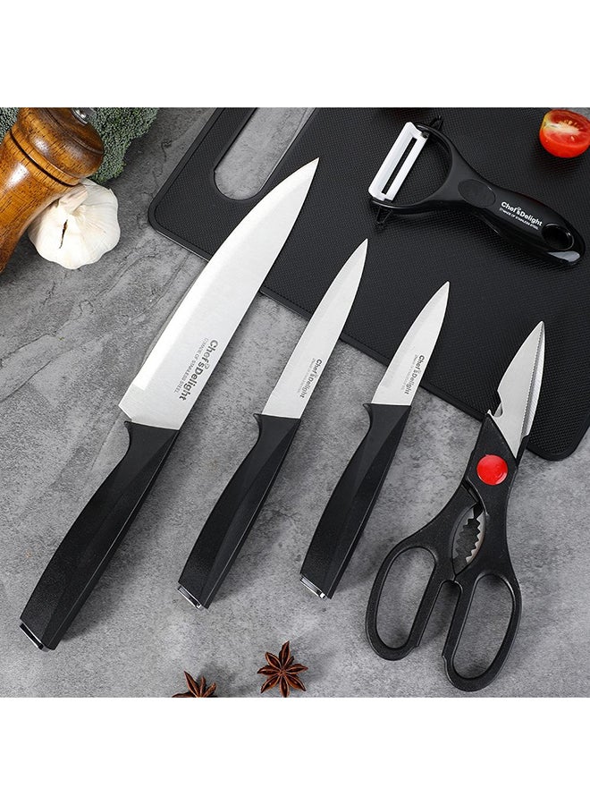DANUBE HOME Chef’s Delight Essential 6-Piece Kitchen Knife Set with Cutting Board – Premium Stainless Steel Knives for Chopping, Slicing, and Dicing | Professional Chef Knife Set for Home & Restaurant Silver & Black