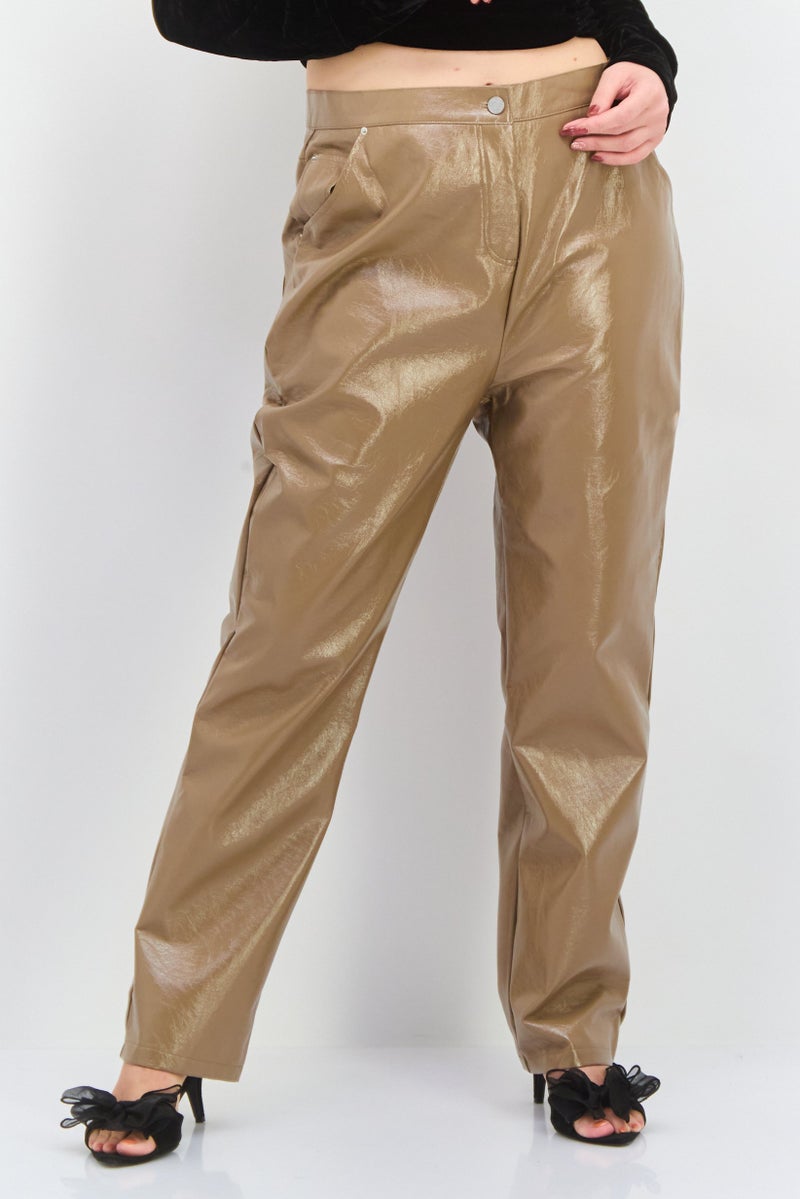 4th & Reckless Women Regular Fit Wide Leg Leather Pants, Dark Tan - Image 1