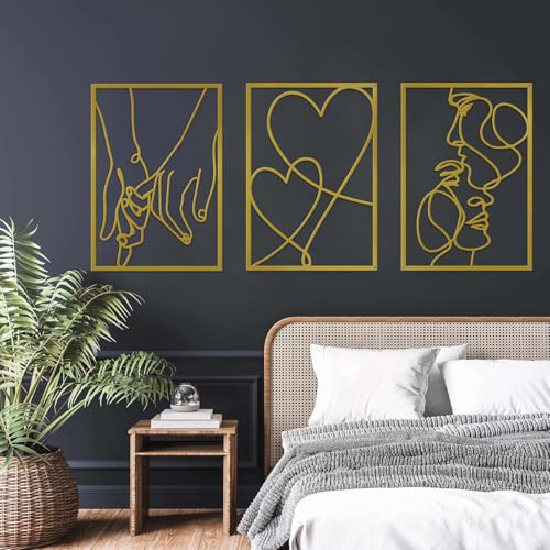 ESTART 3 Pieces Metal Minimalist Line Wall Art Valentines Day Lover Kiss Hand Metal Wall Decor Aesthetic Modern Home Hanging Wall Art Decor for Bedroom Bathroom Living Room Gold - Image 1