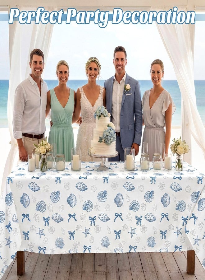 Chumia 2 Pcs Coastal Tablecloth White and Blue Bachelorette Tablecloth Disposable Plastic Waterproof Table Covers Dinner Party Setting Floral Wedding Bridal Home Party(Rectangle Shell) - Image 5
