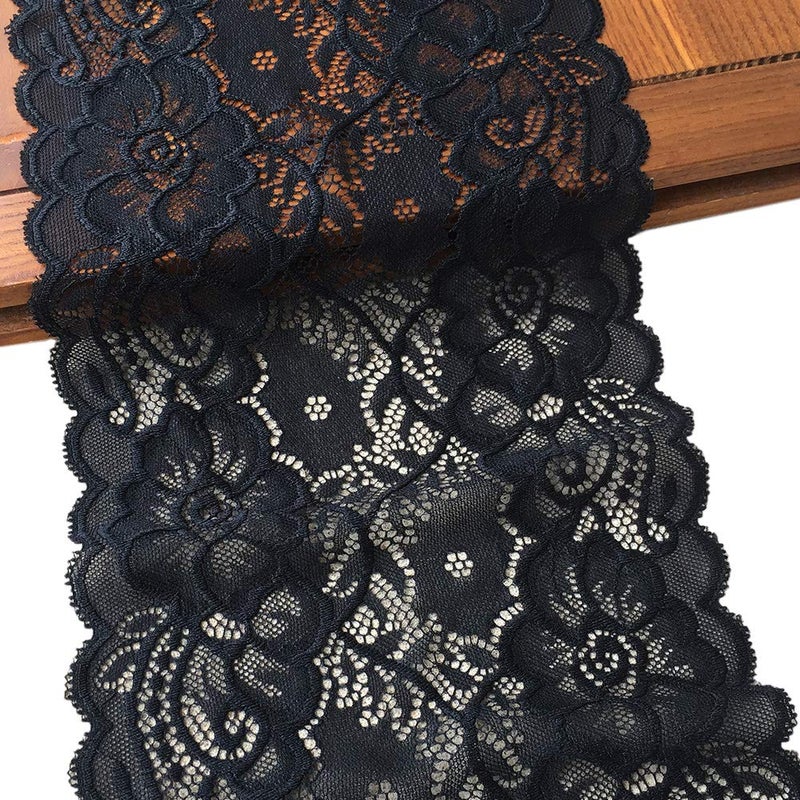 LaceRealm 7 Inch Wide Floral Stretchy Lace Elastic Trim Fabric for Garment  DIY Craft Supply 5 Yard 7020 Black