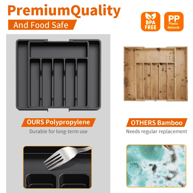 Harmony Home منظم أدوات المطبخ القابل للتوسيع من هارموني هوم – صينية أدوات قابلة للتعديل، فاصل أدوات المائدة وحامل أدوات المائدة للملاعق والشوك والسكاكين – تخزين كبير في درج بلاستيكي – أسود - Image 5
