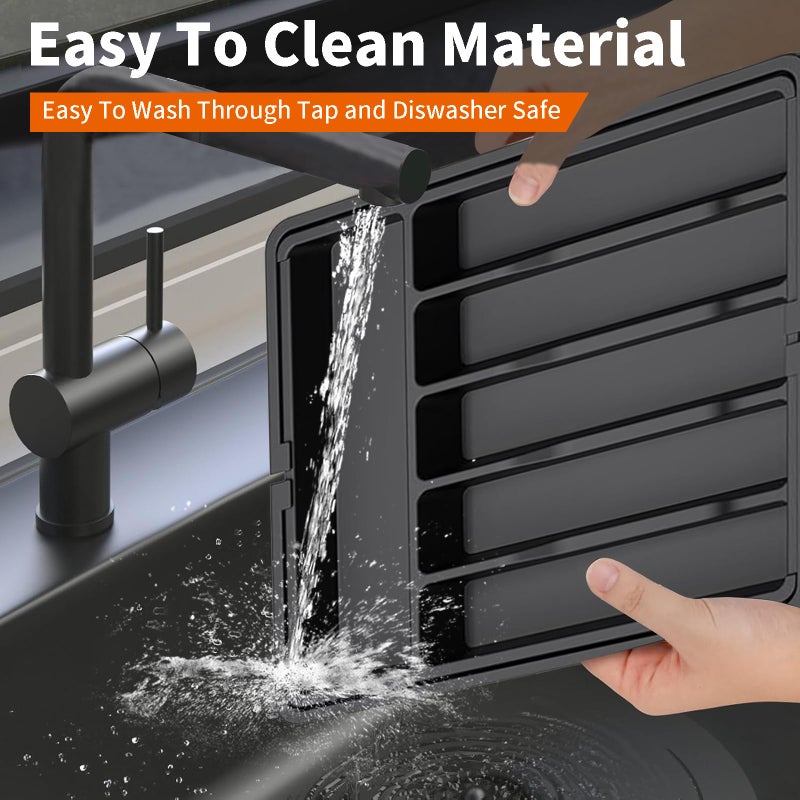 Harmony Home منظم أدوات المطبخ القابل للتوسيع من هارموني هوم – صينية أدوات قابلة للتعديل، فاصل أدوات المائدة وحامل أدوات المائدة للملاعق والشوك والسكاكين – تخزين كبير في درج بلاستيكي – أسود - Image 4