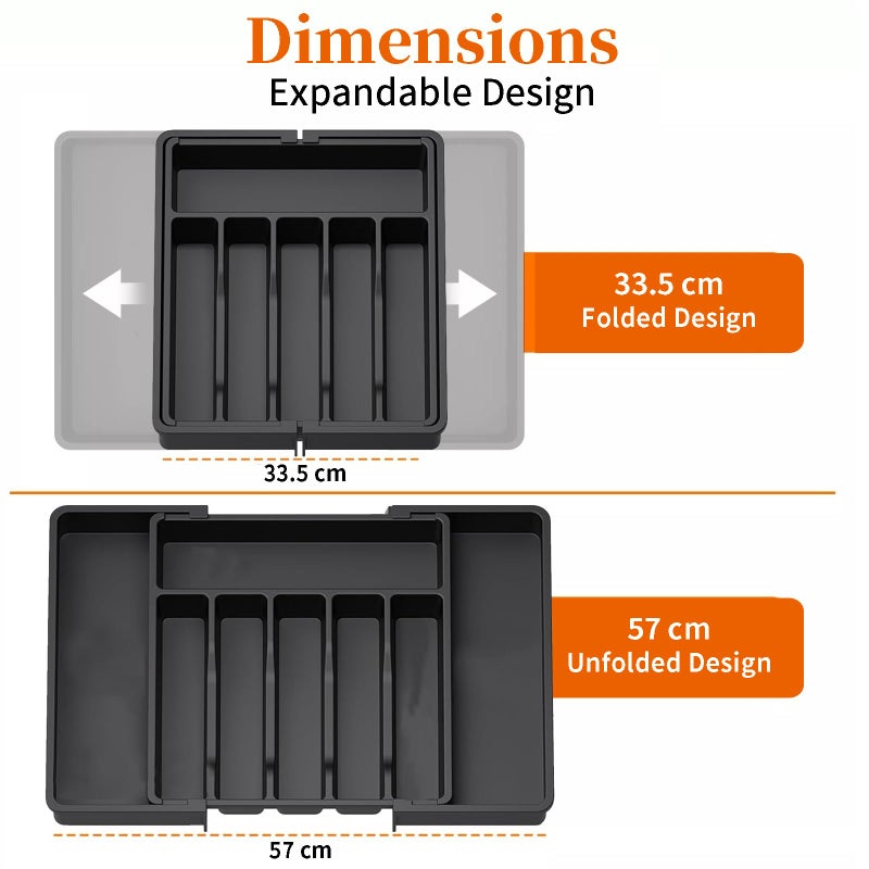 Harmony Home منظم أدوات المطبخ القابل للتوسيع من هارموني هوم – صينية أدوات قابلة للتعديل، فاصل أدوات المائدة وحامل أدوات المائدة للملاعق والشوك والسكاكين – تخزين كبير في درج بلاستيكي – أسود - Image 3