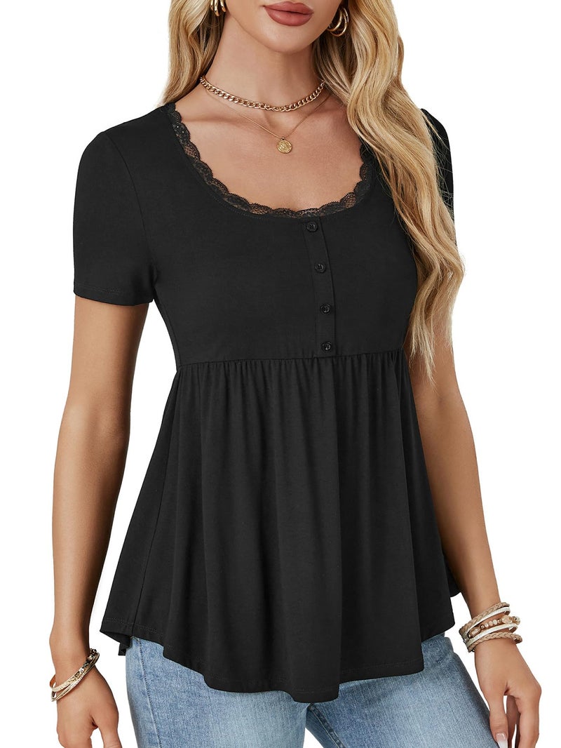 Rooscier Women's Scoop Neck Short Sleeve Tunic Ruffle Hem Casual Flowy Blouse Peplum Top Solid Black Small - Image 4