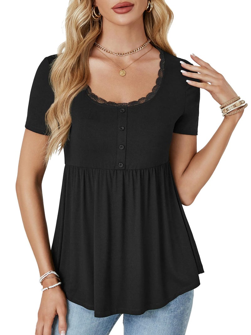 Rooscier Women's Scoop Neck Short Sleeve Tunic Ruffle Hem Casual Flowy Blouse Peplum Top Solid Black Small - Image 2
