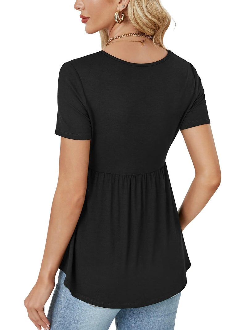 Rooscier Women's Scoop Neck Short Sleeve Tunic Ruffle Hem Casual Flowy Blouse Peplum Top Solid Black Small - Image 5