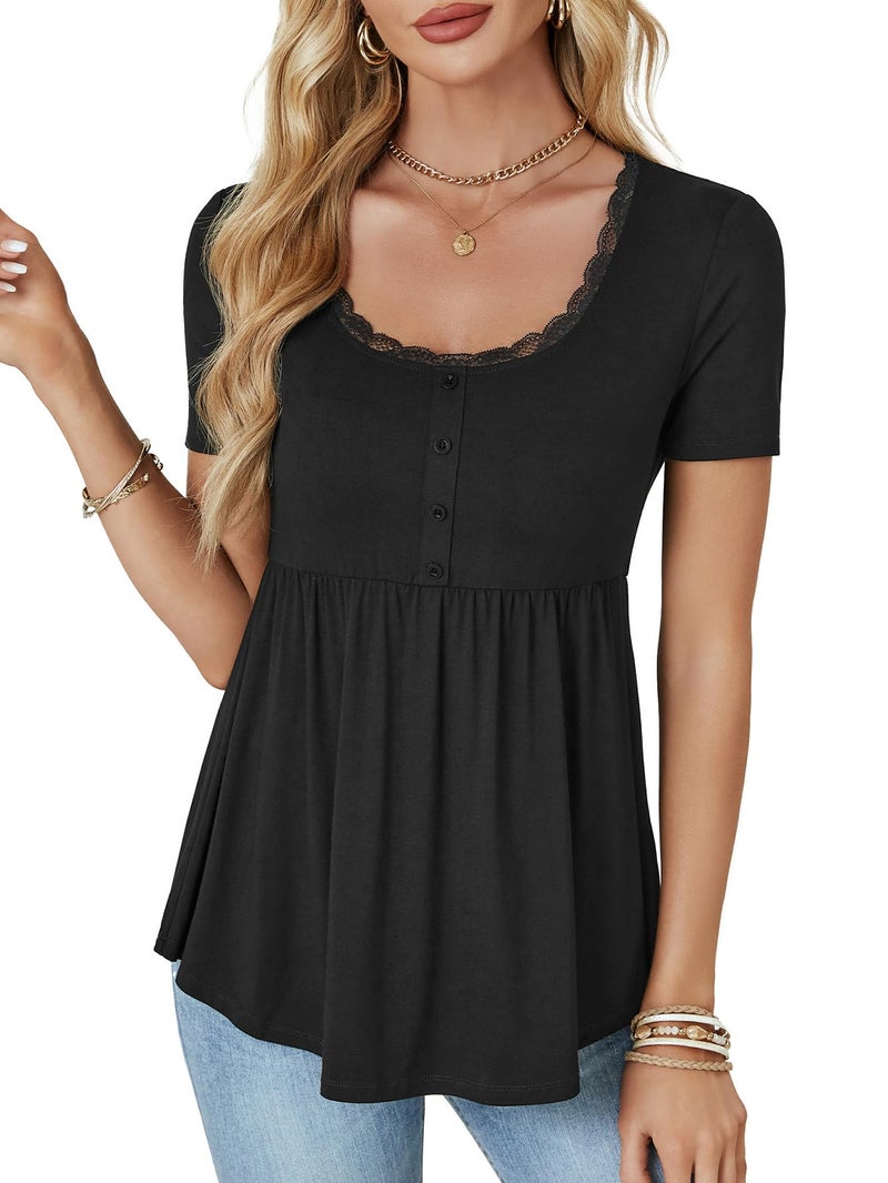 Rooscier Women's Scoop Neck Short Sleeve Tunic Ruffle Hem Casual Flowy Blouse Peplum Top Solid Black Small - Image 3