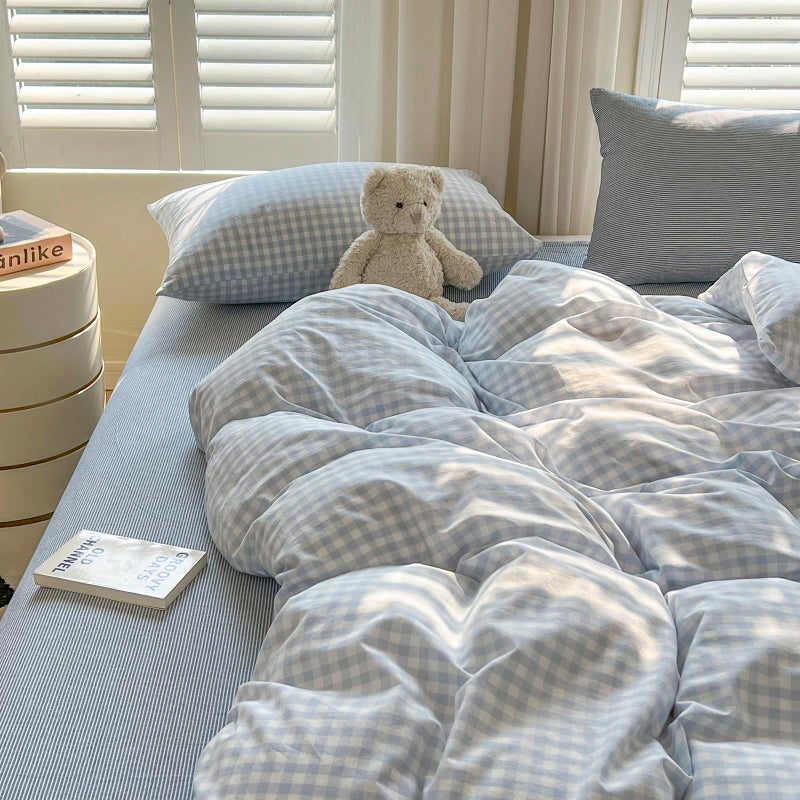 mixinni Light Blue Gingham Duvet Cover Set Queen Size - 100% Washed Cotton 3 Piece Plaid Checkered Bedding Set, Soft Comfy Grid Farmhouse Comforter Cover with Zipper Closure & Corner Ties - Image 5