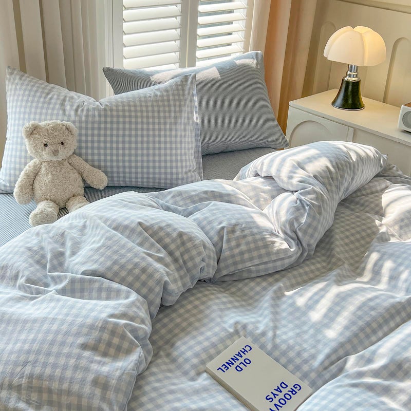 mixinni Light Blue Gingham Duvet Cover Set Queen Size - 100% Washed Cotton 3 Piece Plaid Checkered Bedding Set, Soft Comfy Grid Farmhouse Comforter Cover with Zipper Closure & Corner Ties - Image 4