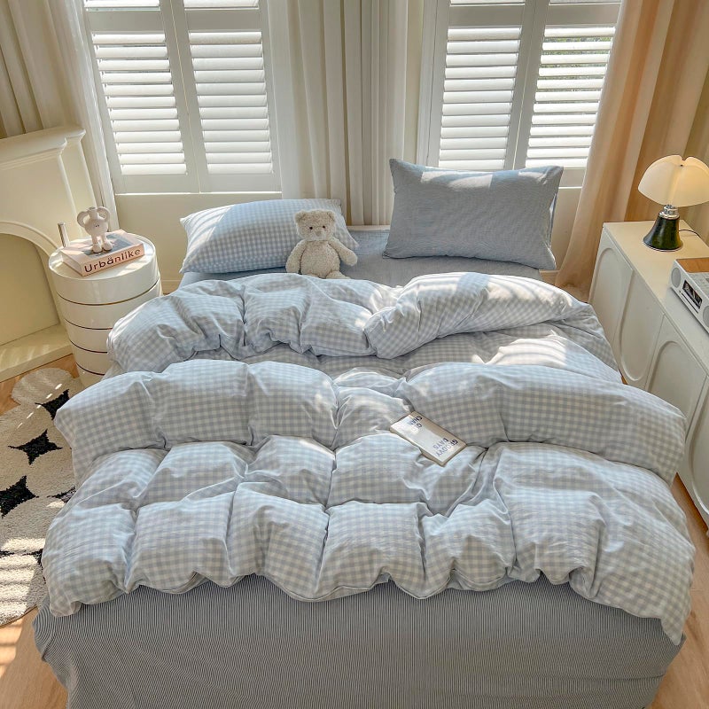 mixinni Light Blue Gingham Duvet Cover Set Queen Size - 100% Washed Cotton 3 Piece Plaid Checkered Bedding Set, Soft Comfy Grid Farmhouse Comforter Cover with Zipper Closure & Corner Ties - Image 3