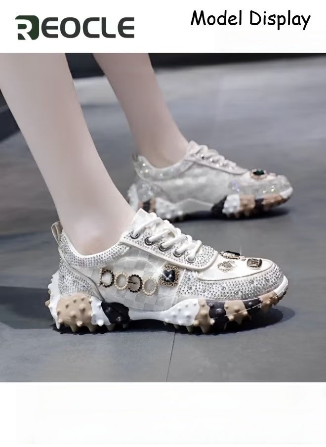 REOCLE Women's Chunky Sneakers with Rhinestone New Thick Soled Casual Sports Mesh Shoes Casual Comfortable Lace Up Walking Sneakers - Image 2