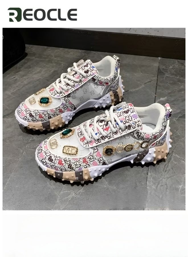 REOCLE Women's Chunky Sneakers with Rhinestone New Thick Soled Casual Sports Mesh Shoes Casual Comfortable Lace Up Walking Sneakers - Image 1