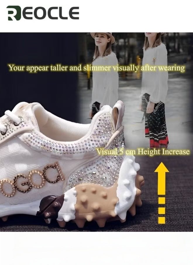 REOCLE Women's Chunky Sneakers with Rhinestone New Thick Soled Casual Sports Mesh Shoes Casual Comfortable Lace Up Walking Sneakers - Image 5