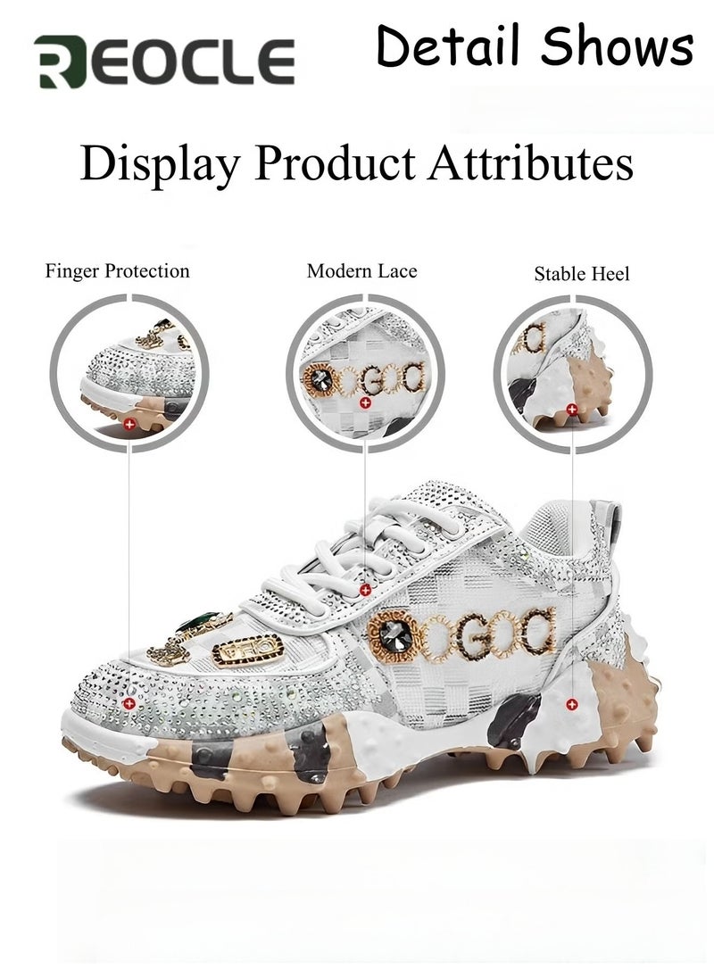 REOCLE Women's Chunky Sneakers with Rhinestone New Thick Soled Casual Sports Mesh Shoes Casual Comfortable Lace Up Walking Sneakers - Image 3