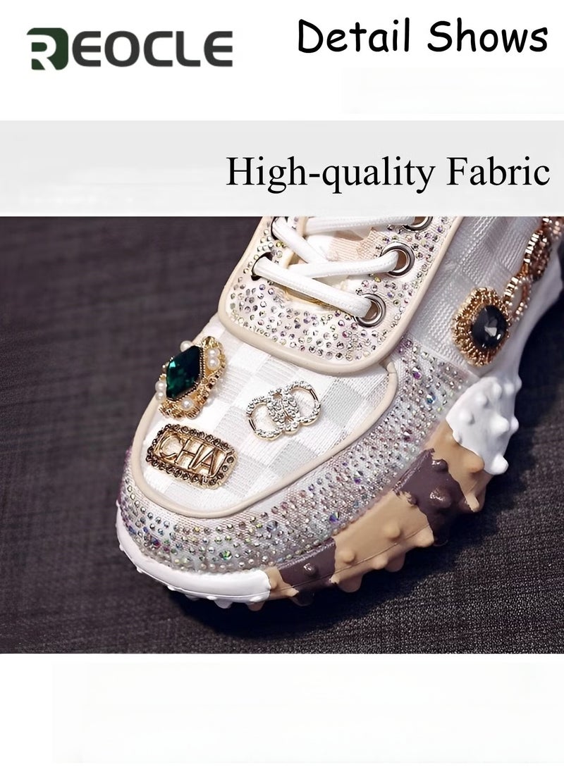 REOCLE Women's Chunky Sneakers with Rhinestone New Thick Soled Casual Sports Mesh Shoes Casual Comfortable Lace Up Walking Sneakers - Image 4
