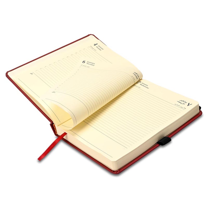 FIS مفكرة FIS 2026 A5، 148x210 مم، غلاف إيطالي PU مبطن من جهة واحدة، زوايا مدورة، شريط مرن مع علامة منزلقة، جيوب داخلية، عربي/إنجليزي، ورق إيطالي عاجي 70 جرام، غلاف ماروني - FSDI84AE26MR - Image 4