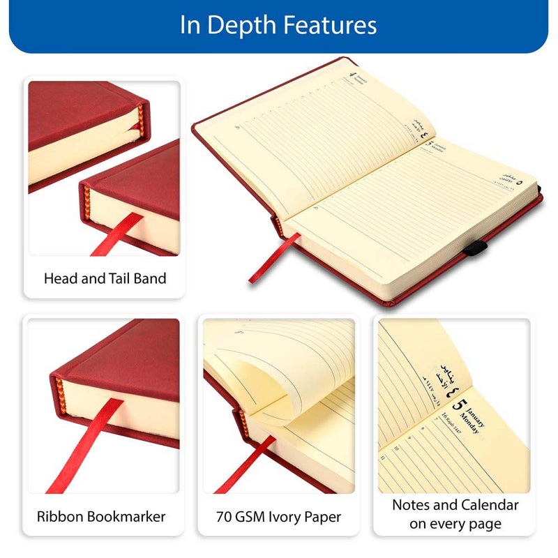 FIS مفكرة FIS 2026 A5، 148x210 مم، غلاف إيطالي PU مبطن من جهة واحدة، زوايا مدورة، شريط مرن مع علامة منزلقة، جيوب داخلية، عربي/إنجليزي، ورق إيطالي عاجي 70 جرام، غلاف ماروني - FSDI84AE26MR - Image 5