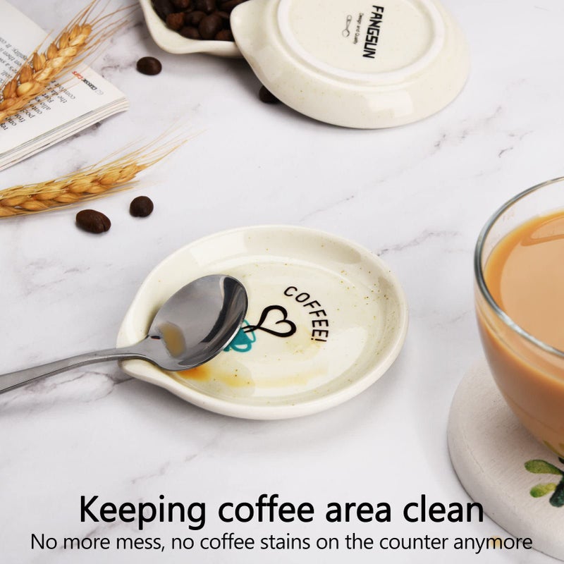 FANGSUN Coffee Spoon Rest, 3.5 Inch Ceramic Spoon Holder for Coffee Bar Accessories, Small Teaspoon Rest for Cafe Station Decor, Cute Farmhouse Cafe Bar Decor for Countertop, White - Image 2