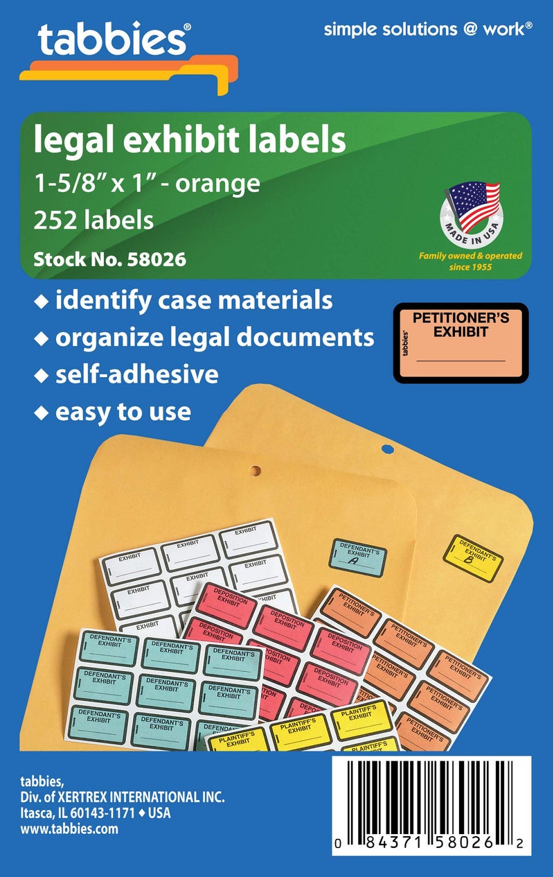 Tabbies Legal Exhibit Labels, Label: 1-5/8"W x 1" H, Sheet: 5-1/4"W x 3-1/4"H, Orange, PETITIONER'S Exhibit 252 Label/Pack (58026) - Image 5