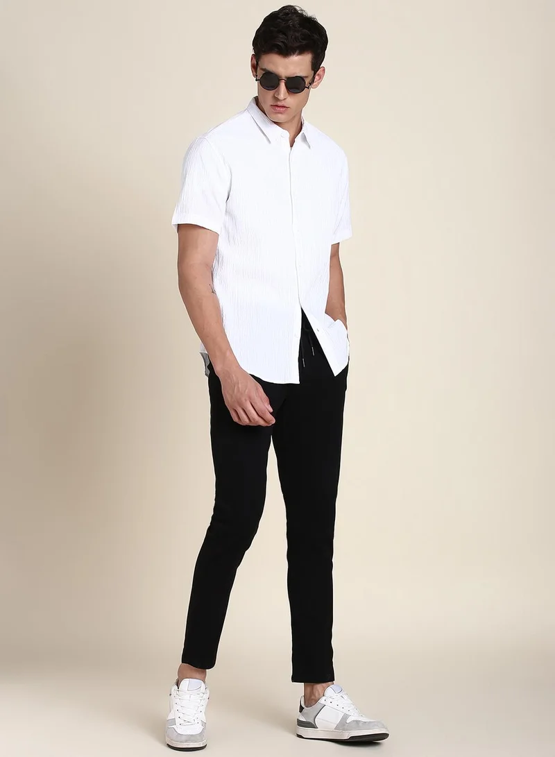 دينيس لينغو Men's Black Cotton Blend Solid Pattern Full Length Tapered Trouser