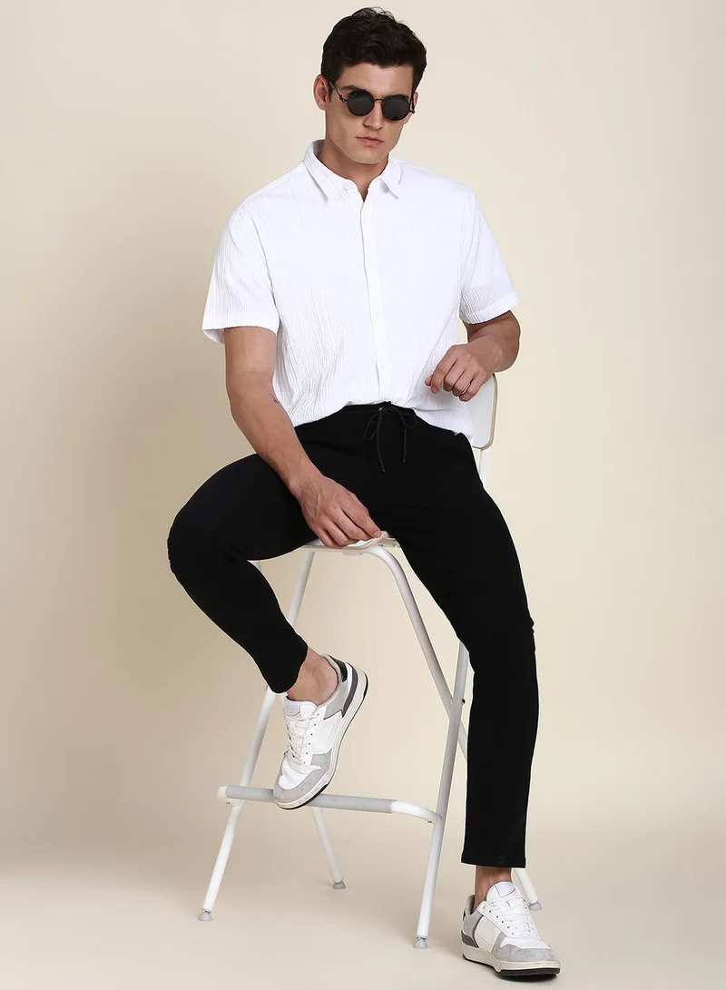 دينيس لينغو Men's Black Cotton Blend Solid Pattern Full Length Tapered Trouser