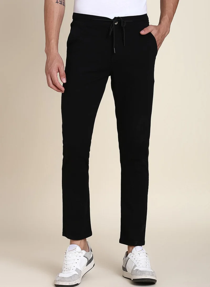 دينيس لينغو Men's Black Cotton Blend Solid Pattern Full Length Tapered Trouser