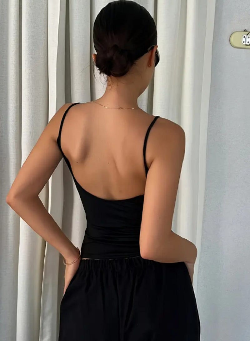 MANIKAN MANIKAN Sleek open back camisole tank top with thin spaghetti straps and scoop neckline, perfect for layering or wearing alone  - Image 2