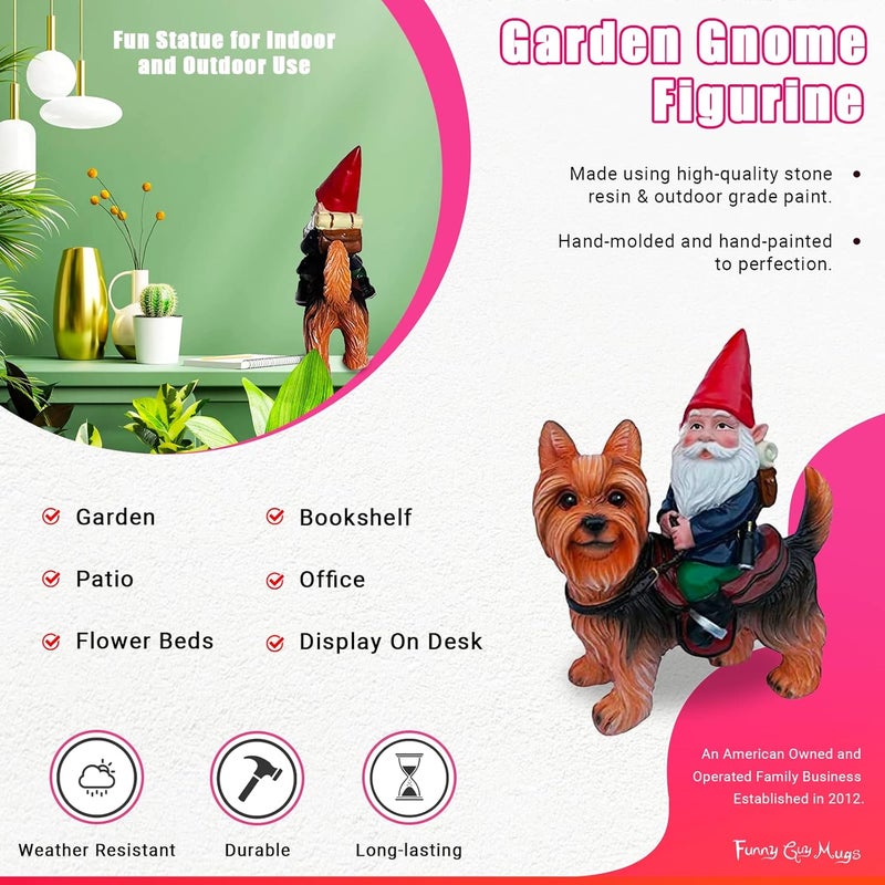 Funny Guy Mugs Gnome Riding A Yorkshire Terrior Statue - Indoor or Outdoor Garden Gnome Sculpture for Patio, Yard or Lawn - Image 3