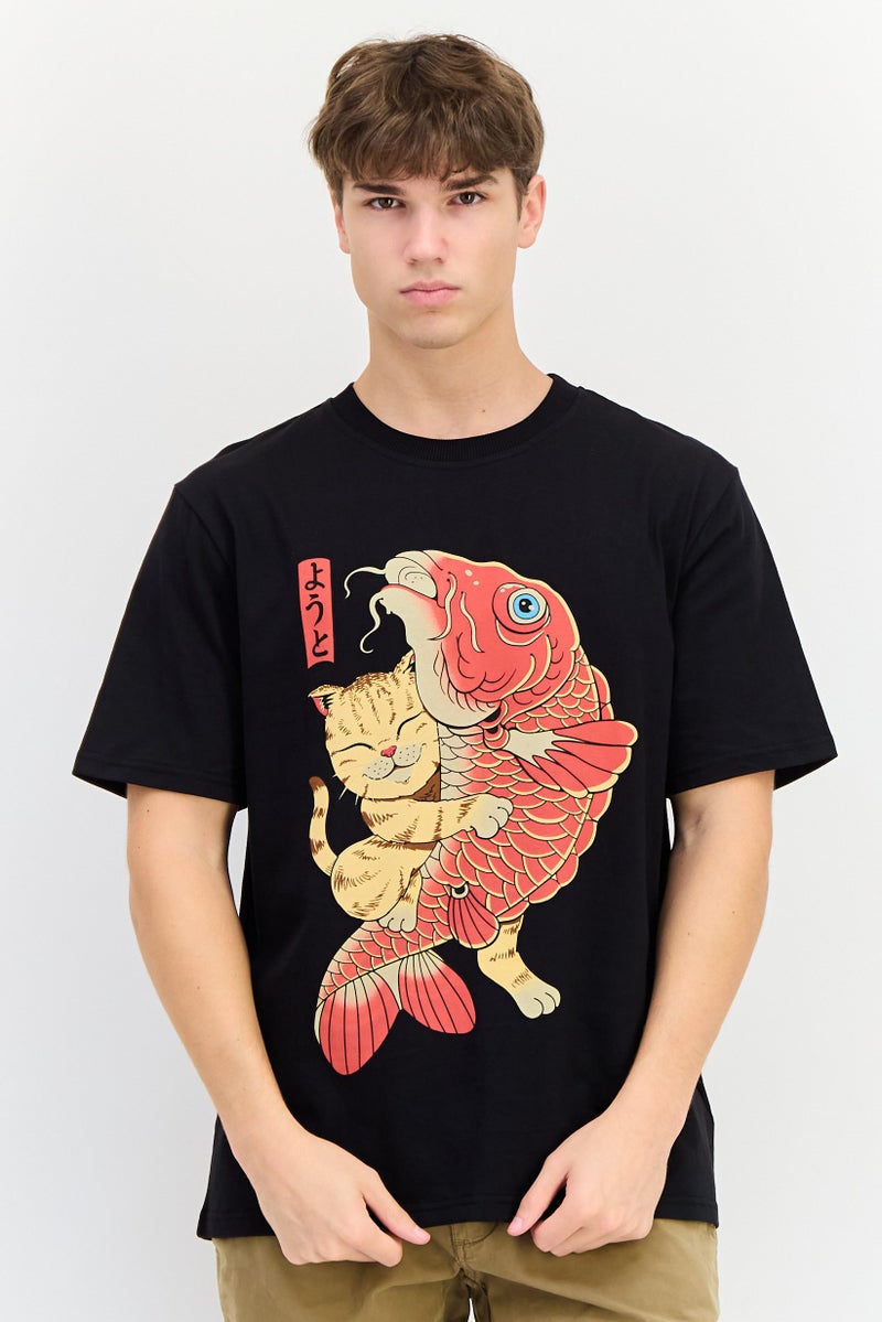 YOTO تي شيرت رجالي بأكمام قصيرة وياقة دائرية، مطبوع برسومات، أسود - Image 1