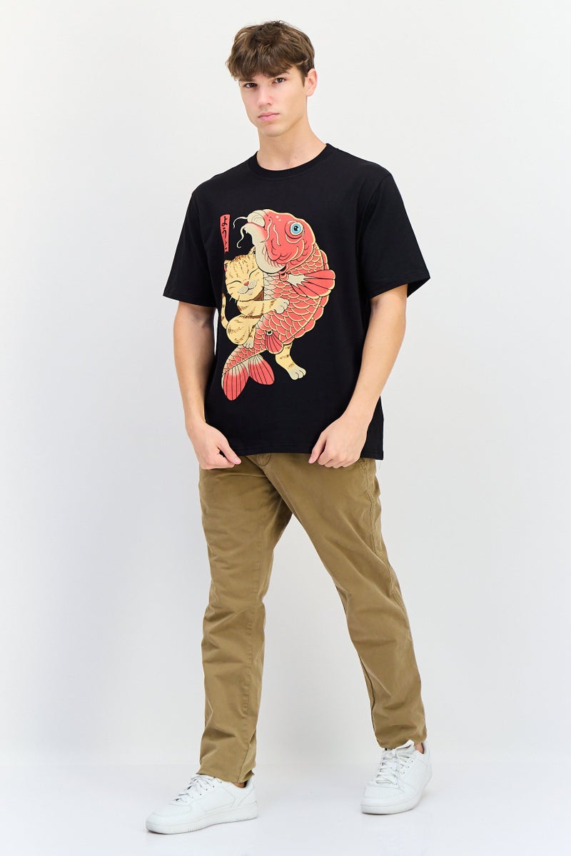 YOTO تي شيرت رجالي بأكمام قصيرة وياقة دائرية، مطبوع برسومات، أسود - Image 3