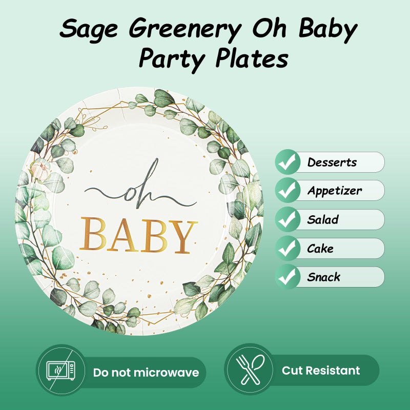 Hfbobp 50 Pcs Eucalyptus Baby Shower Paper Plates  7Inch Greenery Oh Baby Dessert Plate Party Supplies Disposable Tableware Sets For Boys Or Girls Gender Reveal Shower Party Decorations Favors - Image 4