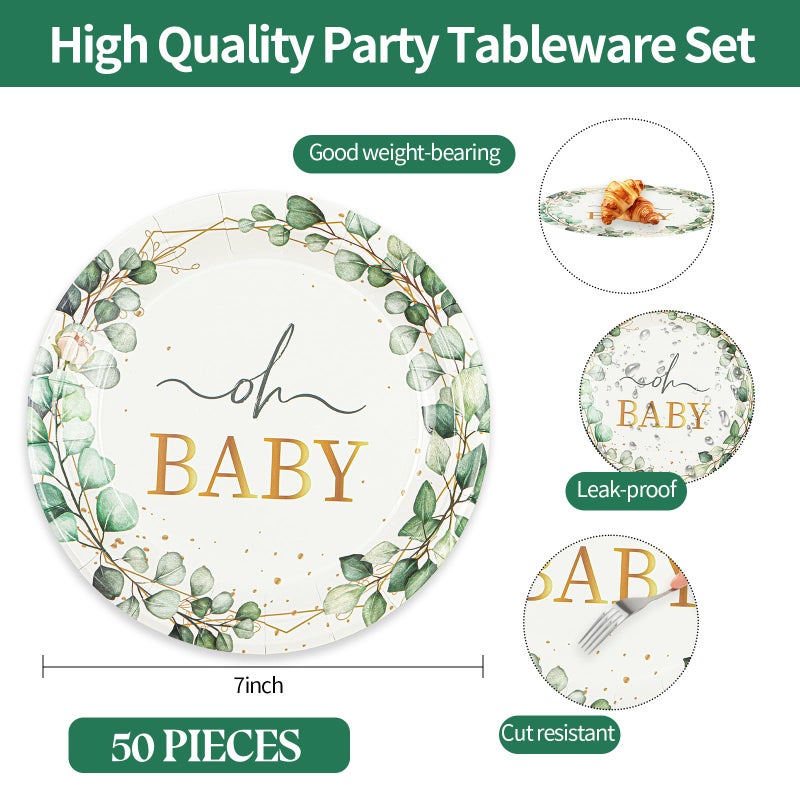 Hfbobp 50 Pcs Eucalyptus Baby Shower Paper Plates  7Inch Greenery Oh Baby Dessert Plate Party Supplies Disposable Tableware Sets For Boys Or Girls Gender Reveal Shower Party Decorations Favors - Image 3