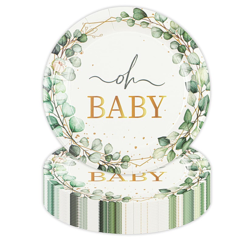 Hfbobp 50 Pcs Eucalyptus Baby Shower Paper Plates  7Inch Greenery Oh Baby Dessert Plate Party Supplies Disposable Tableware Sets For Boys Or Girls Gender Reveal Shower Party Decorations Favors - Image 1
