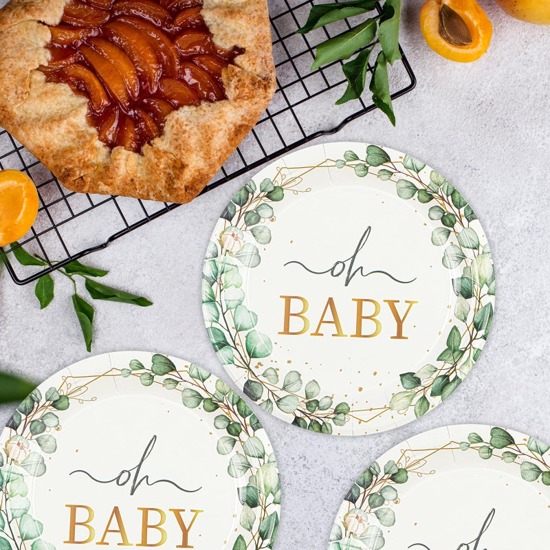 Hfbobp 50 Pcs Eucalyptus Baby Shower Paper Plates  7Inch Greenery Oh Baby Dessert Plate Party Supplies Disposable Tableware Sets For Boys Or Girls Gender Reveal Shower Party Decorations Favors - Image 2