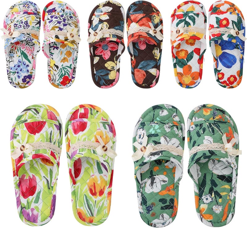 Chuarry 5 Pairs Floral Cotton House Slippers for Women Soft Open Toe Indoor Spa Slippers for Guests Non Slip Washable Comfortable Portable Shoes for Hotel Travel Bedroom Airplane Party