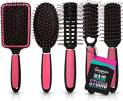 SOL 5pk Hair Brush Set Hairbrushes for Women Paddle Cushion ZigZag Round Vented Brushes Soft Bristles for Detangling Styling Scalp Massage Ideal for All Hair Types at Home or OntheGo - Image 1