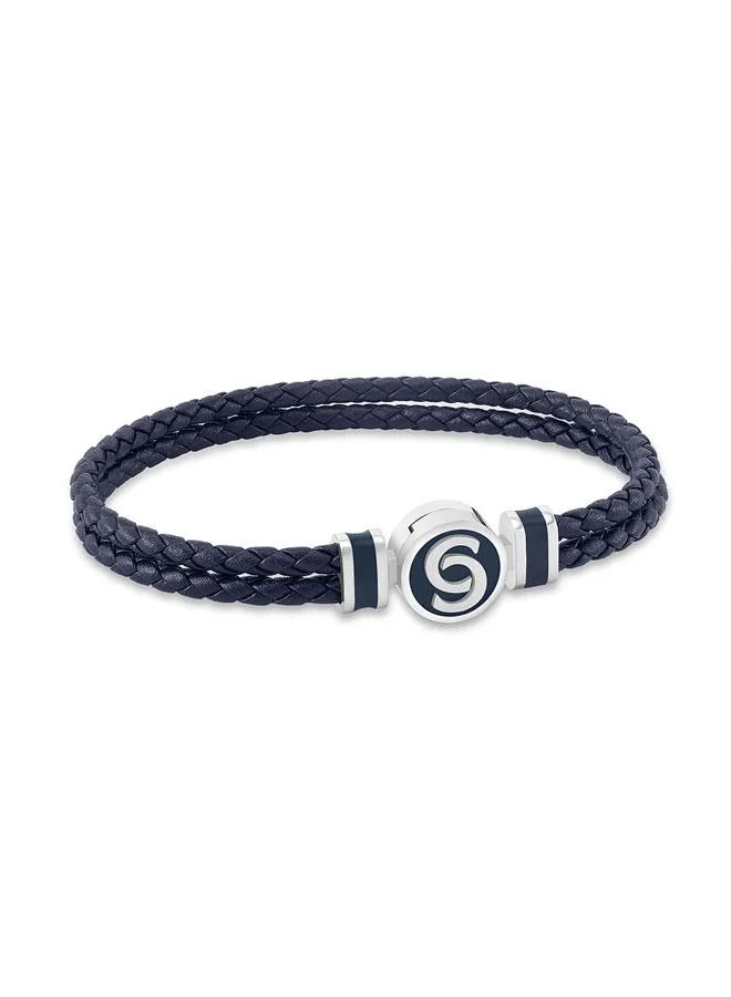 شيروتي 1881 Daniele Silver Plated Stainless Steel Navy Blue Braided Leather Bracelet for Men 180mm