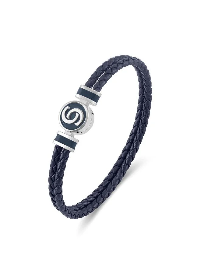 شيروتي 1881 Daniele Silver Plated Stainless Steel Navy Blue Braided Leather Bracelet for Men 180mm