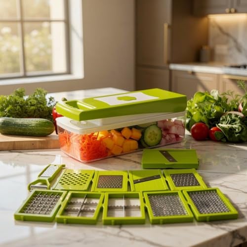 Well Set 12-in-1 Vegetable Chopper & Slicer | Multipurpose Fruits & Vegetable Cutter, Grater, Peeler & Dicer | Unbreakable Food-Grade Body with Easy Push-to-Clean Button (Green) - Image 1