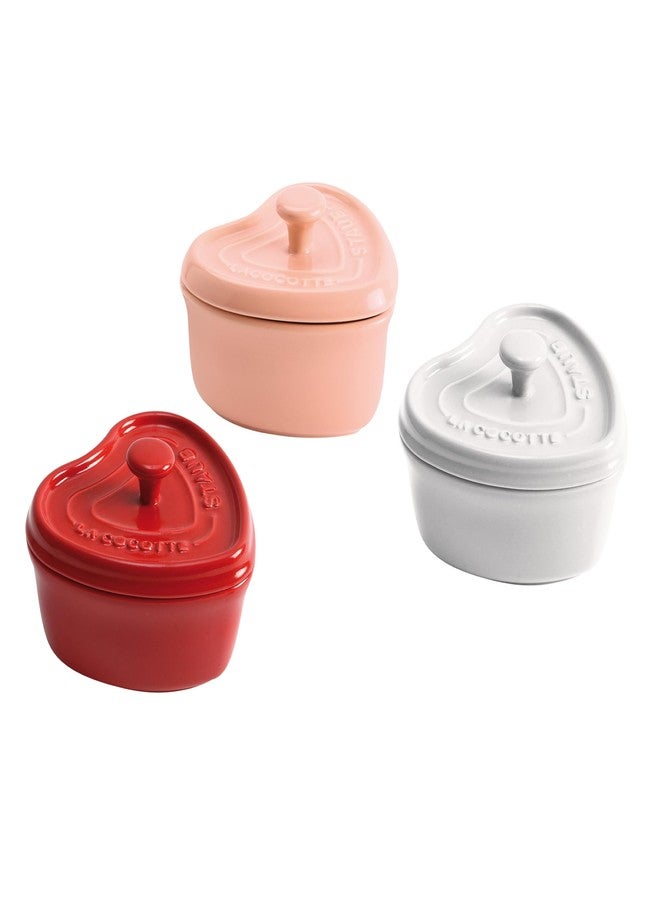 Staub Ceramic 3-pc Mini Heart Cocotte Set - Cherry, Pink, White - Image 1