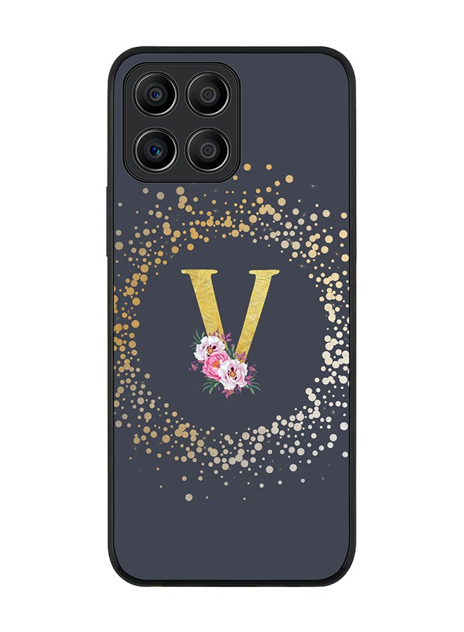 Stylizedd Rugged Black edge case for Honor X6 Slim fit Soft Case Flexible Rubber Edges TPU Gel Thin Cover - Custom Monogram Initial Letter Floral Pattern Alphabet - V (Grey) - Image 1