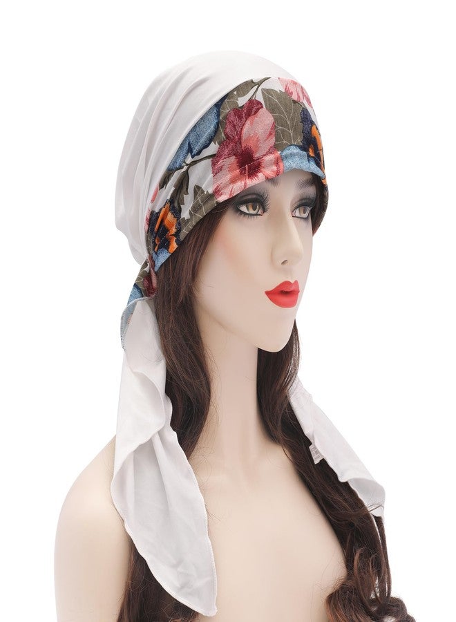 ZLYC قبعة صوفية خفيفة الوزن للنساء من ZLYC، بتصميم وشاح رأس جاهز للربط، مزينة بالزهور، لون أبيض سادة - Image 2