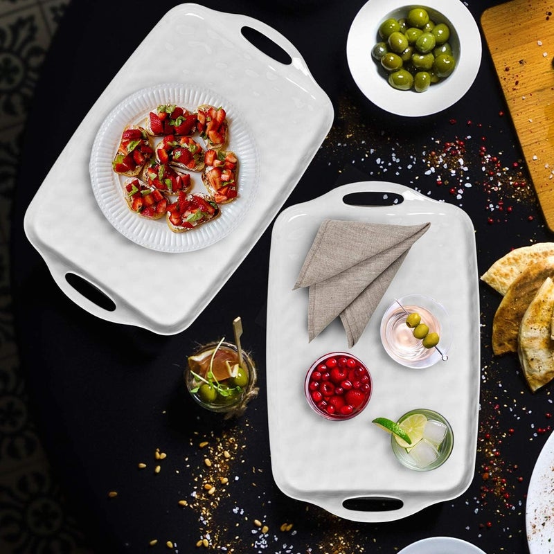 TP Serving Tray with Handles 17 Inch Large Rectangle Melamine Serving Platter Set of 2 Pure White - Image 3