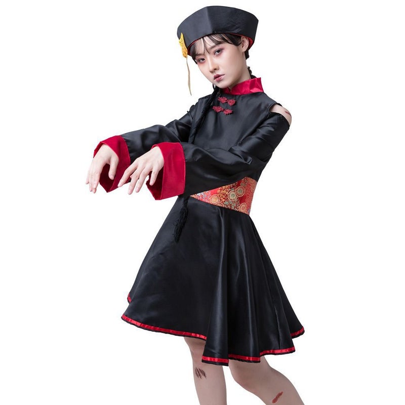 Halloween Zombie Dress Skeleton Qipao Costume Set Jujube red hard hat