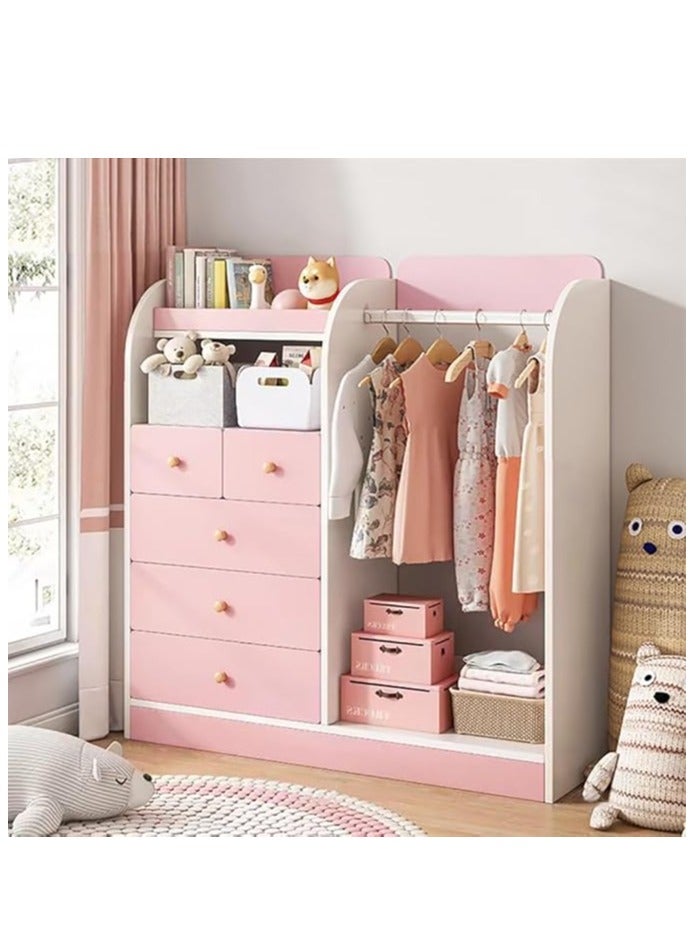 Generic Kids Wardrobe, Bedroom Cabinet Wooden Closet with 5 Drawers and Hanging Area for Clothes, Half-Open Baby Clothes Storage Organizer Cabinet Cupboard for Boys Girls Nursery Room (Pink)  - Image 1
